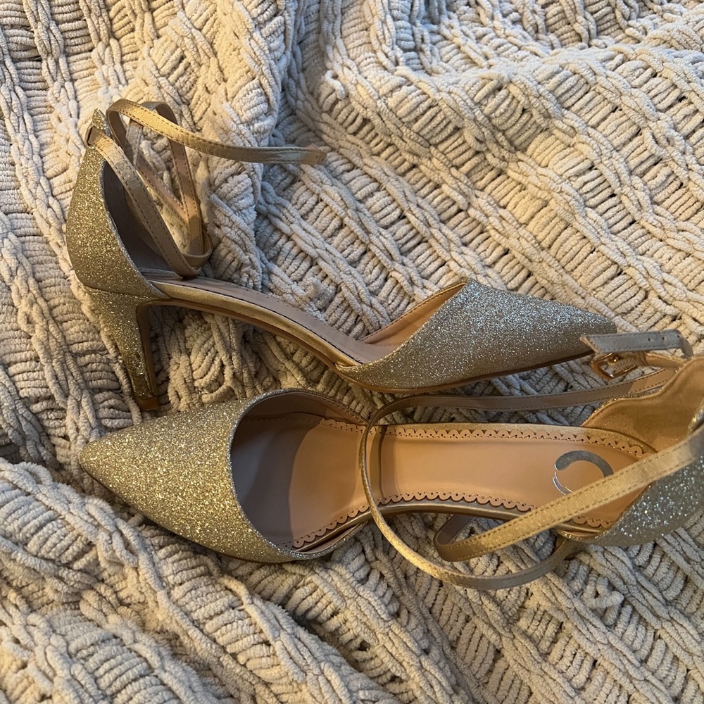 Sparkly gold ankle wrap pumps